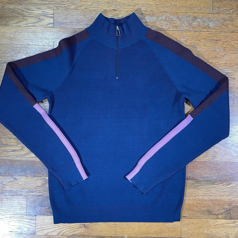 Paul Smith Women's 1/4 Zip Sweatshirt M Navy Ribbed Long Sleeve